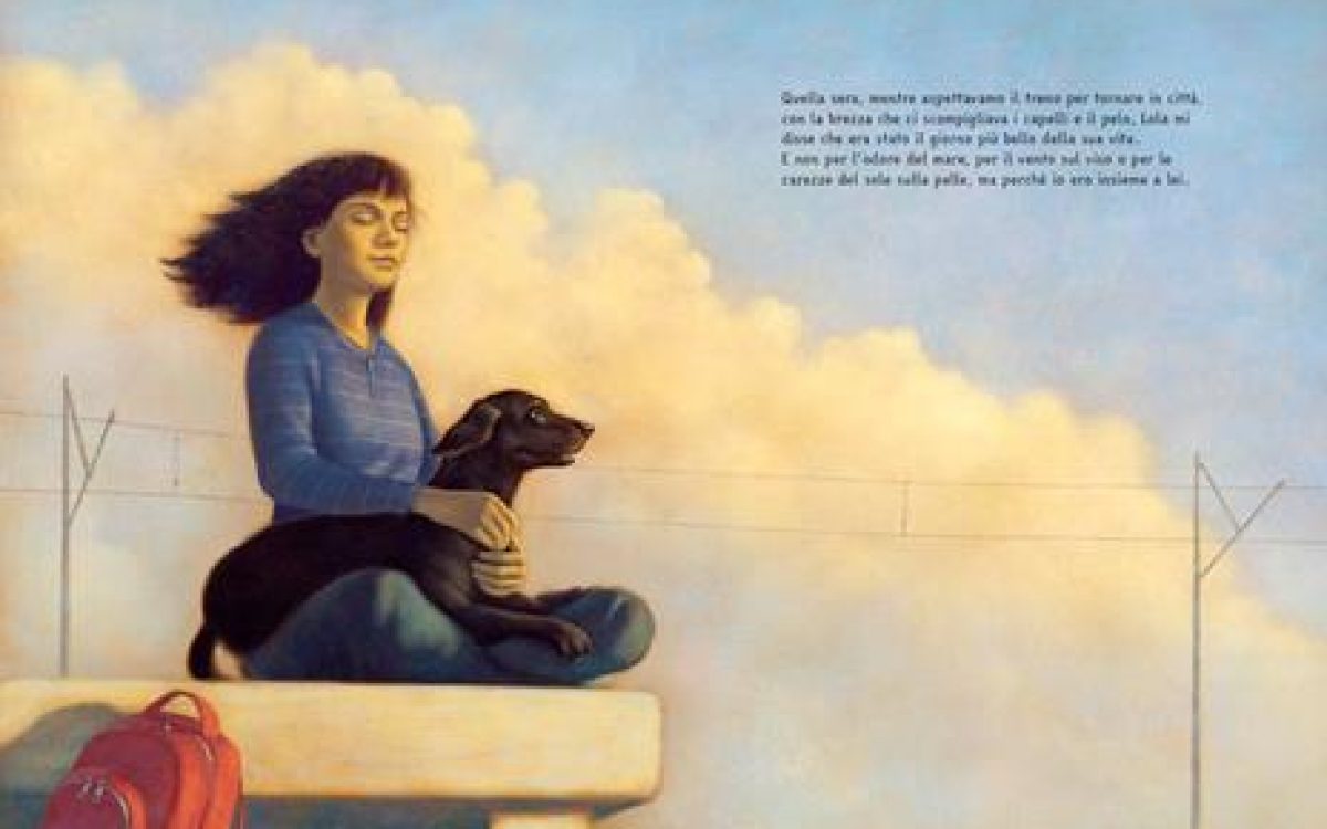 Watercolor illustration of a young girl and her black dog sitting together under a sunny sky – book cover art for Lola and I.